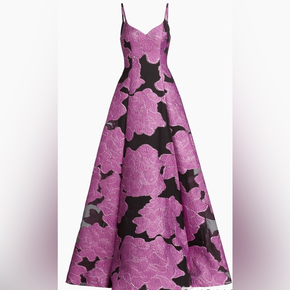 Monique Lhuillier Evening Gown black with metallic flower jacquard Size 16 Saks